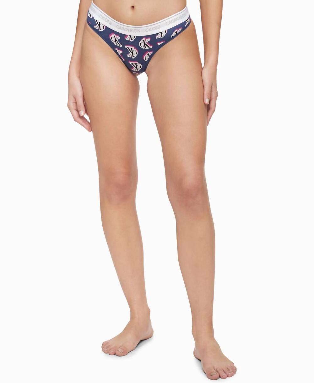NEW CALVIN KLEIN one cotton thong underwear in logo step print seashore blue